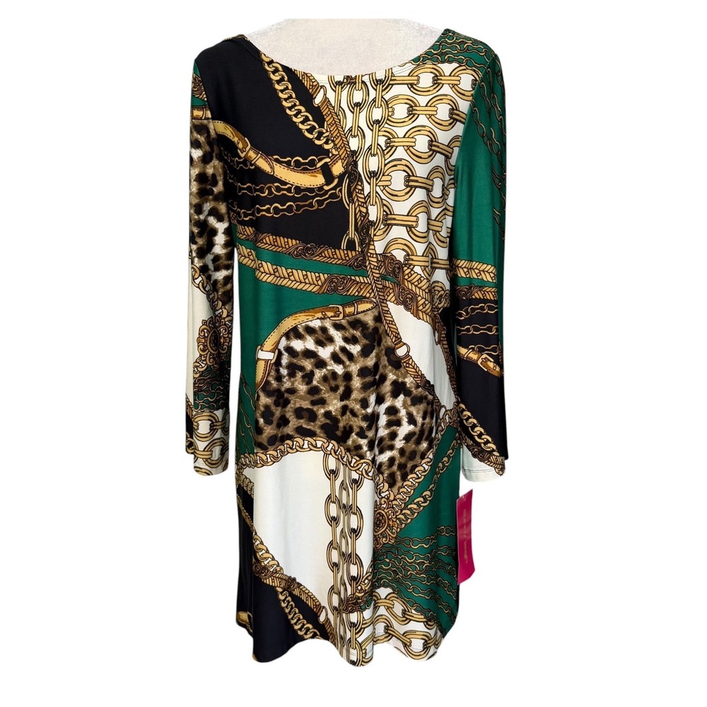 Sunny Leigh Shift Dress Womens L Emerald Chainlink Leopard Equestrian Mixed Medi